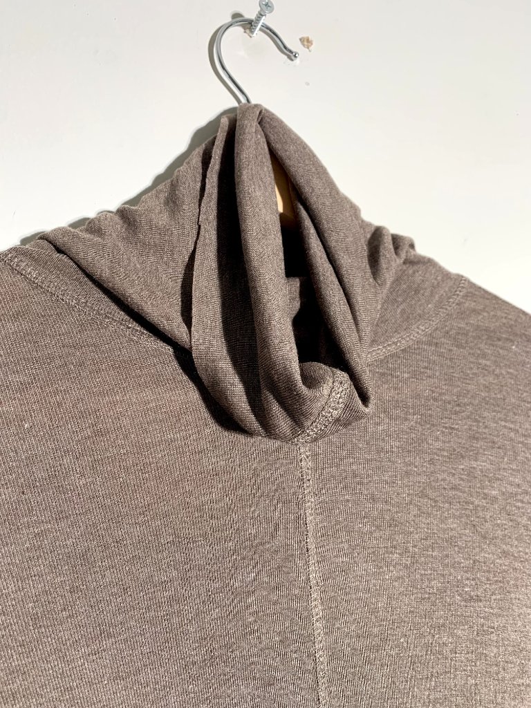 Aakasha Brown Turtleneck Top Asymmetric Tulip Hem Raw Edge Dystopian Nwot M — image 3 of 8
